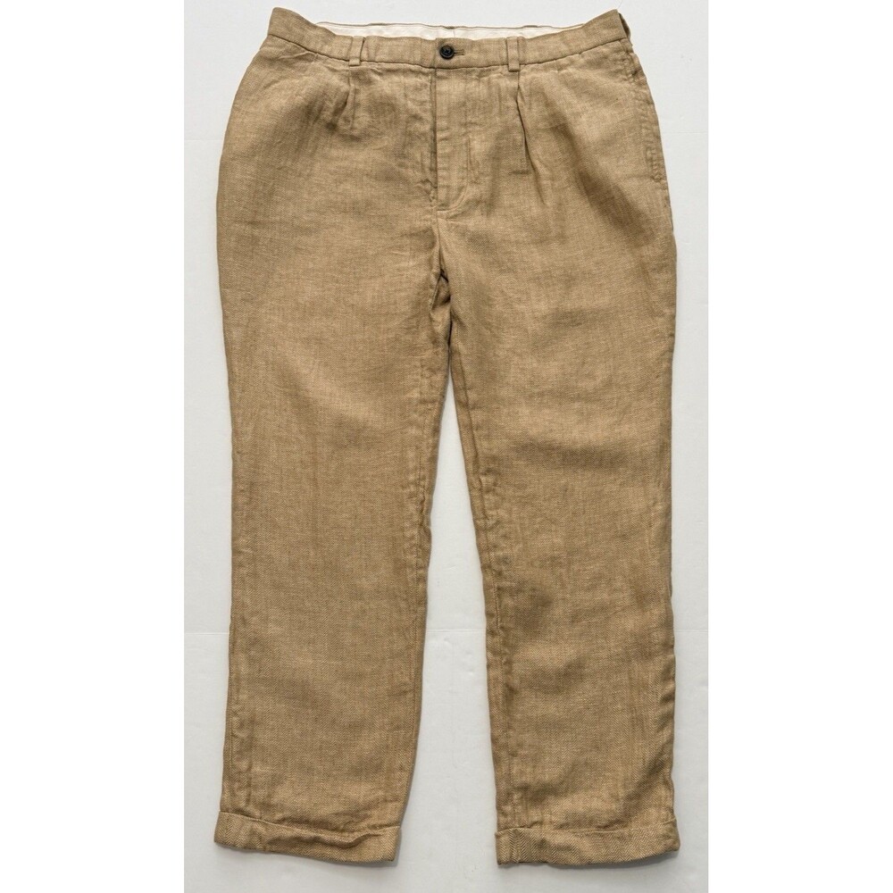 Brooks Brothers 346 Pants Mens 38X30 Fits 36X27 Beige Linen Herringbone Slacks